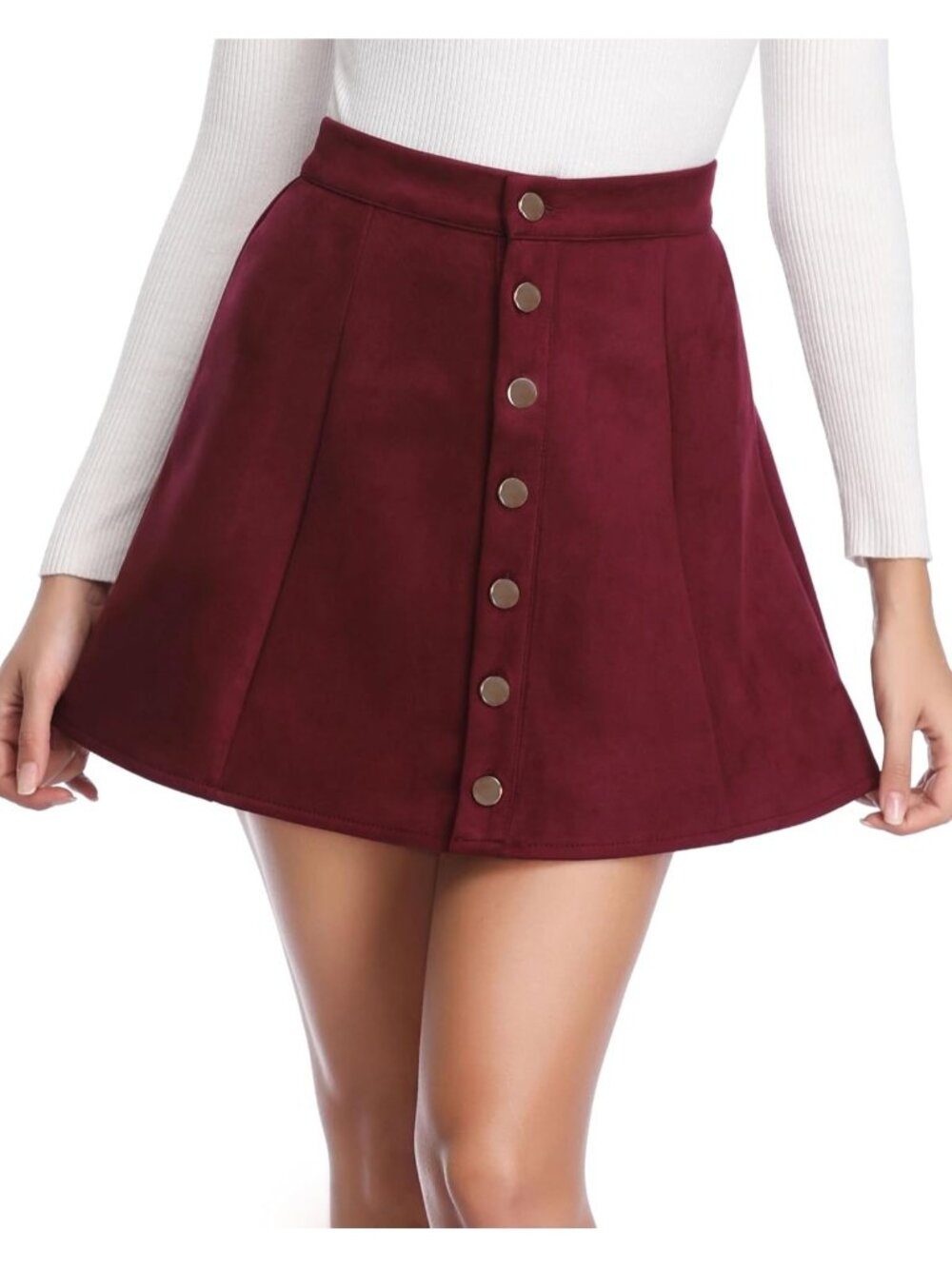 Women's Wine Faux Suede Button Front High Waist A-Line Flare Short Mini Skirt